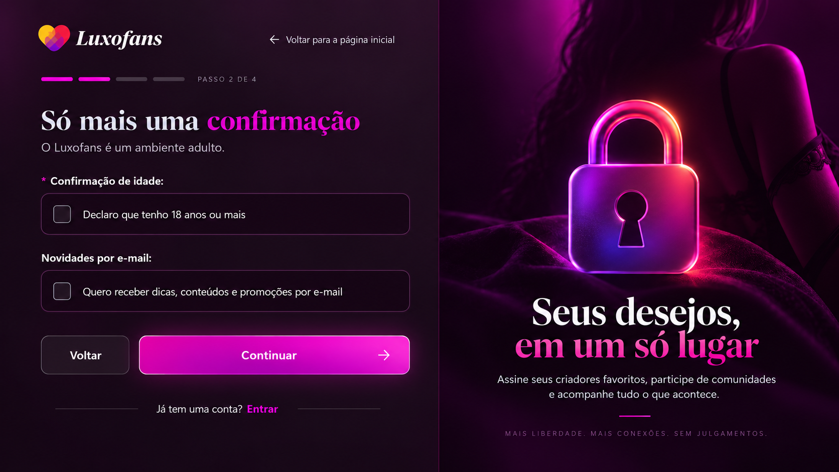 Seus desejos, em um só lugar. Assine seus criadores favoritos, participe de comunidades e acompanhe tudo o que acontece. Mais liberdade. Mais conexões. Sem julgamentos.